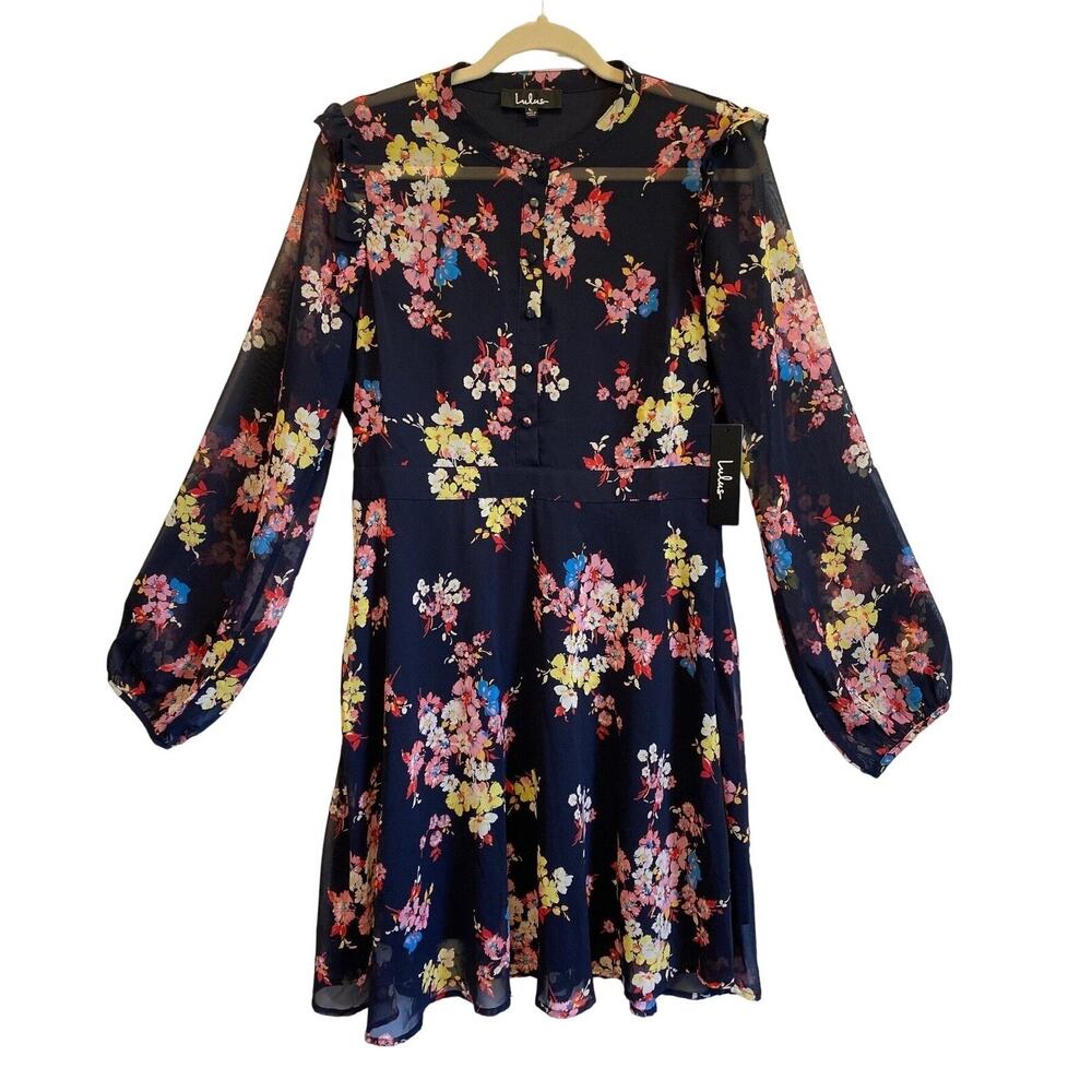 NWT Lulus Floral to See Dress Women Sz L Black Floral Sheer Ruffled Lined Mini